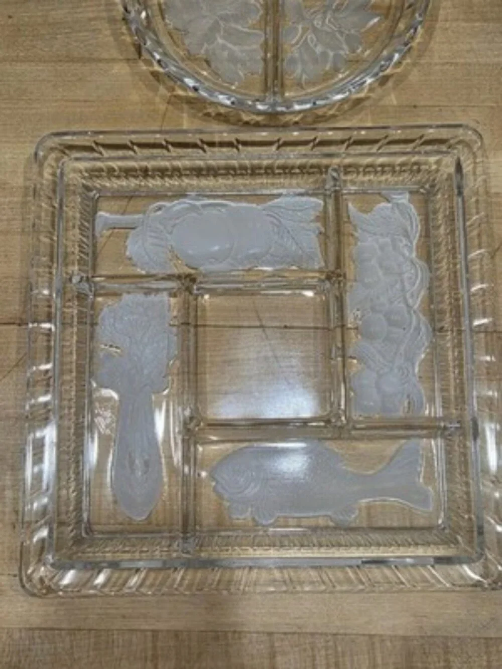 Vintage Clear Frosted Glass Divided Relish Trays Intaglio Fish Fruit Set 2